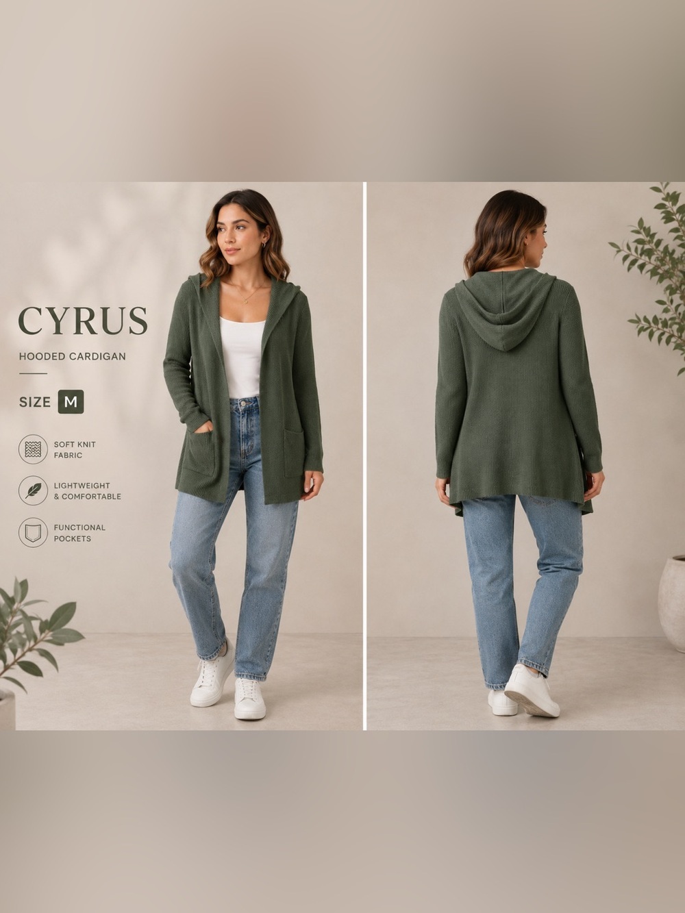 CYRUS Hooded Open Front Knit Cardigan Sweater Size M Green Cozy Lightweight